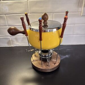 Vintage Yellow Enamel MCM Fondue Set Made In Japan & 5 Forks